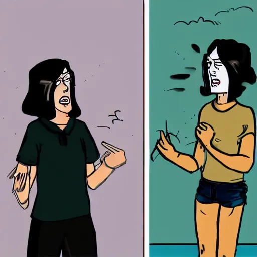Prompt: Girl scolds her clone doppelganger about impersonating her, dark, drawn, comedy