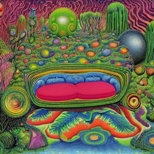 Image similar to psychedelic couch sofa in the lush forest, milky way, designed by moebius, rob gonsalves, gustav dore, giuseppe arcimboldo and carl barks, louis wain, trending on artstation, mediterranean, star, sharp focus, colorful refracted sparkles and lines, soft light, 8 k 4 k