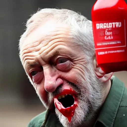 Prompt: jeremy corbyn with a crazed look on his face with one hand filled with ketchup and one hand filled with cheese