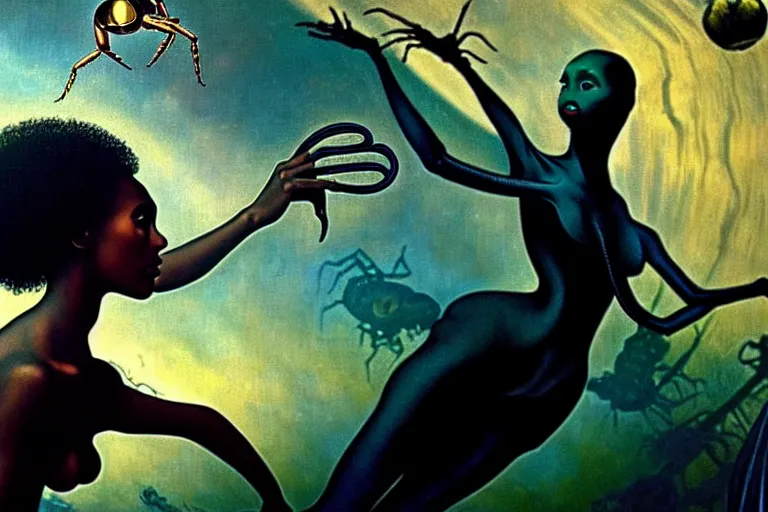 Image similar to realistic detailed closeup portrait movie shot of a beautiful black woman dancing with a giant spider, futuristic sci fi landscape background by denis villeneuve, jean deville, amano, yves tanguy, ernst haeckel, alphonse mucha, max ernst, caravaggio, roger dean, sci - fi necklace, fashion, masterpiece, rich moody colours