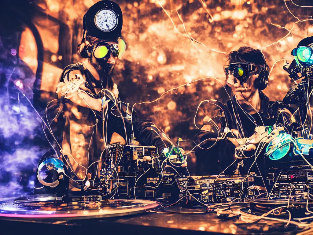 Image similar to a person wearing goggles and visor and headphones using a steampunk record player contraption, wires and tubes, turntablism dj scratching, intricate planetary gears, cinematic, imax, sharp focus, leds, bokeh, iridescent, black light, fog machine, hazy, lasers, hyper color digital art, cyberpunk