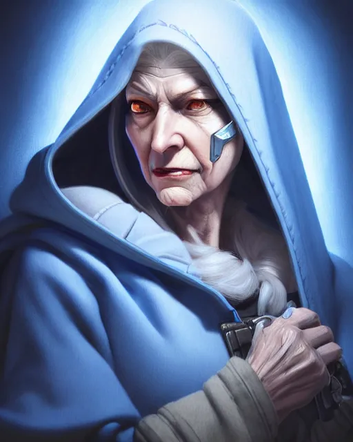 Image similar to ana from overwatch, older woman, gray hair, blue hooded cloak, character portrait, portrait, close up, highly detailed, intricate detail, amazing detail, sharp focus, vintage fantasy art, vintage sci - fi art, radiant light, caustics, by boris vallejo