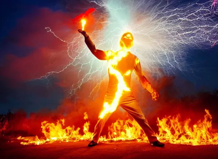 Prompt: burning donald trump on fire casting fireballs, colorful hd picure, lightning in the background