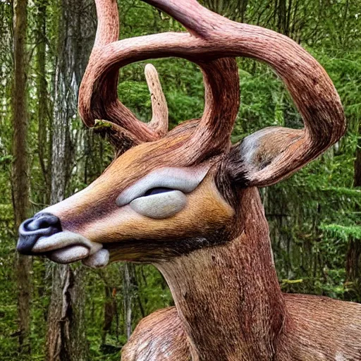 Image similar to hyperealistic sculpture of a monstrous deer with gore extruding from its body, body horror, living bodies, scary, disturbing, static noise, eerie, SCP Foundation, realistic creepypasta, found footage, living creature