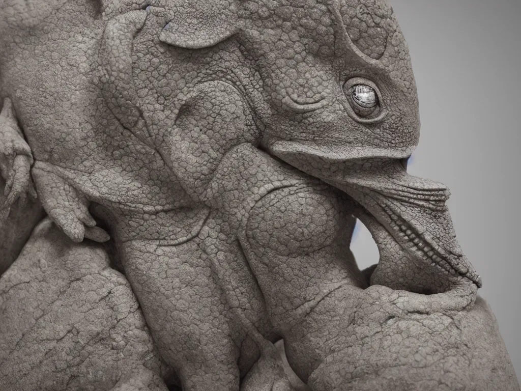 Image similar to A detailed film still of a chameleon carving a stone statue of the lambda symbol in a soft warm lighten cave, octane render, cell shading, volumetric lighting, very detailed