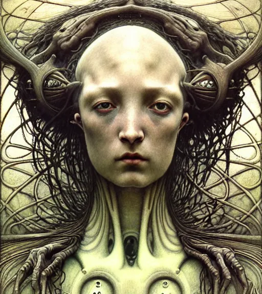 Image similar to detailed realistic beautiful young medieval alien robot grimez face portrait by jean delville, gustave dore and marco mazzoni, art nouveau, symbolist, visionary, gothic, pre - raphaelite. horizontal symmetry by zdzisław beksinski, iris van herpen, raymond swanland and alphonse mucha. highly detailed, hyper - real, beautiful