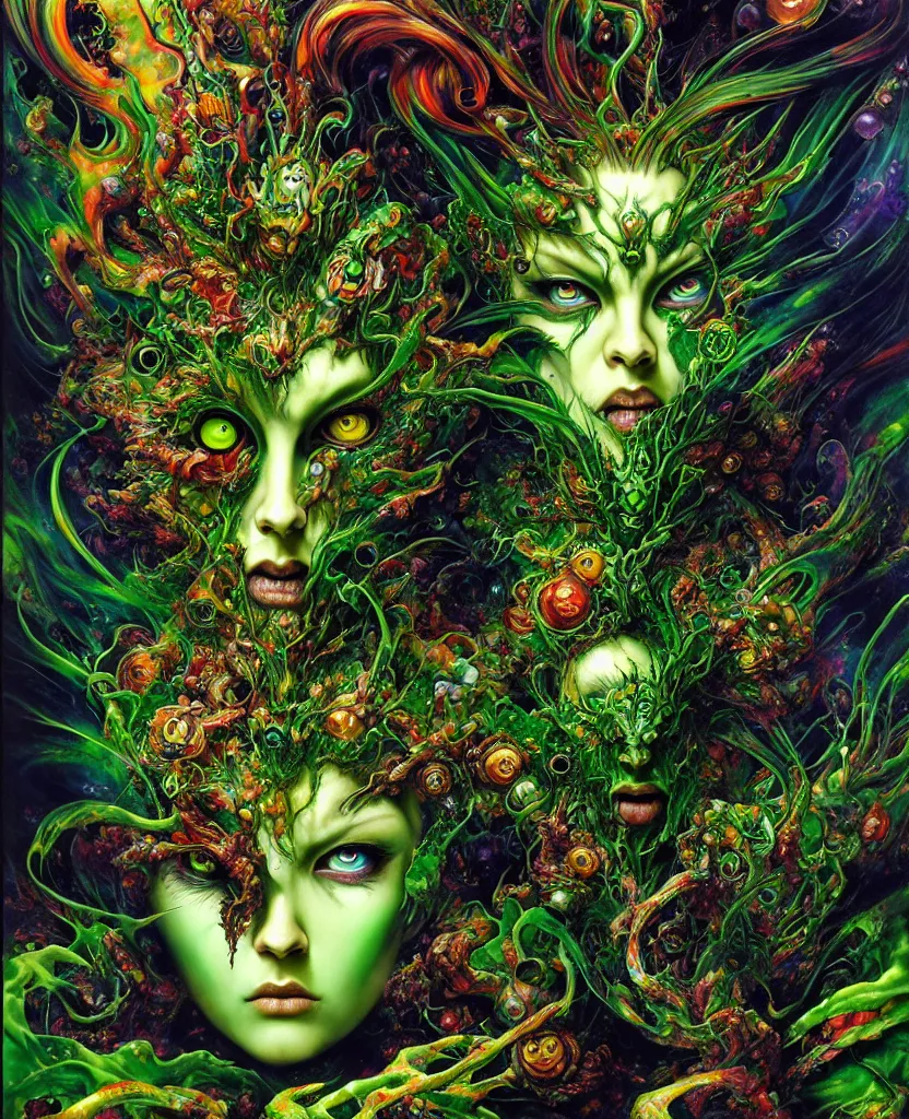 Image similar to realistic detailed image of green mega god of chaos, depth perception, depth of field, action horror by lisa frank, ayami, karol bak, neo - gothic, gothic, rich deep colors, part by adrian ghenie and gerhard richter. art by yoshitaka amano. masterpiece