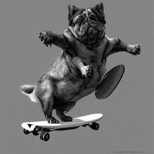 Image similar to morbidly obese dog riding a skateboard, illustration, full body, high quality, intricate details, details, craig mullins, intricate, atmosphere, highly detailed, matte painting, cinematic, deviantart, realistic, photorealistic, concept art