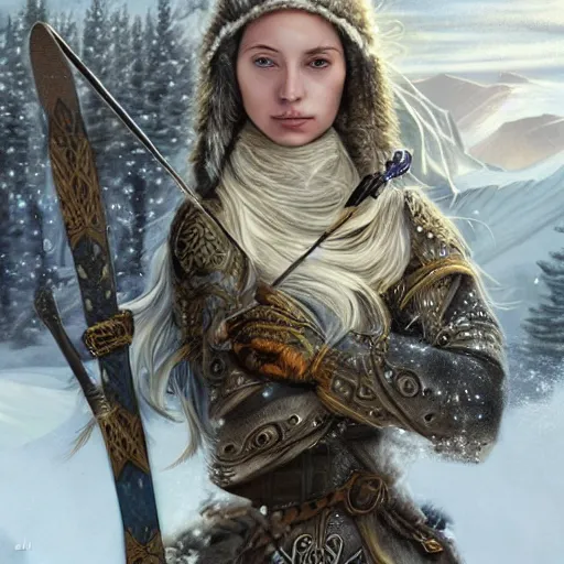 Image similar to there once was a norse goddess named skadi a winter ruler in huntress'body an expert at skiing her enemies fleeing ester ledecka she did embody..., digital art, irina french, heraldo ortega, mandy jurgens, golden ratio, art canvas, award winning, masterpiece trending on artstation 8 k 1 5 0 mpx