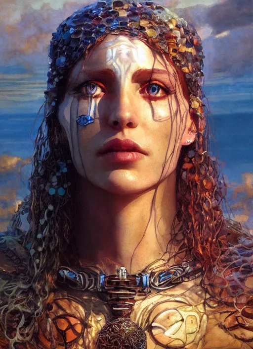 Image similar to biblical shy beautiful female druid android, heavy eyes to the side, scu, bright glowing veins, in clouds, sunset, portrait, by gerald brom, by mikhail vrubel, by peter elson, muted colors, extreme detail, reflections, trending on artstation, 8 k