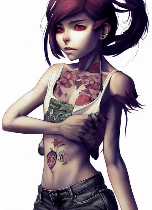 Image similar to character portrait of a anthro opossum girl fursona wearing a tanktop and shorts with arm tattoos. Character design by charlie bowater, ross tran, artgerm, and makoto shinkai, detailed, inked, western comic book art