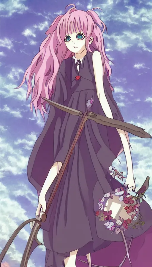 Image similar to the being death as a cute anime girl with a giant cute scythe from a studio ghibli film inspired by the death tarot card, dark ambiance