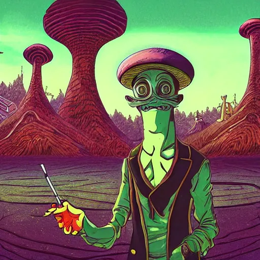 Image similar to A centered chest up portrait of a psychedelic godlike anthropomorphic frog smoking a hand-rolled cigarette smoking heavily , magic mushroom village in background . award winning. superb resolution. in the art style of junji Ito and greg rutkowski . Detailed Mushroom city in background. Hyper realistic anime. Perfect art. Dalle2