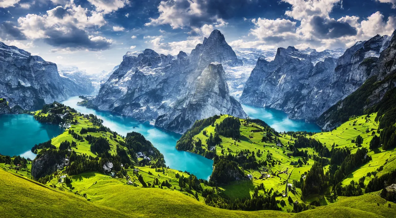 Image similar to epic switzerland landscape, high definition, high detail, 8k, photorealistic,