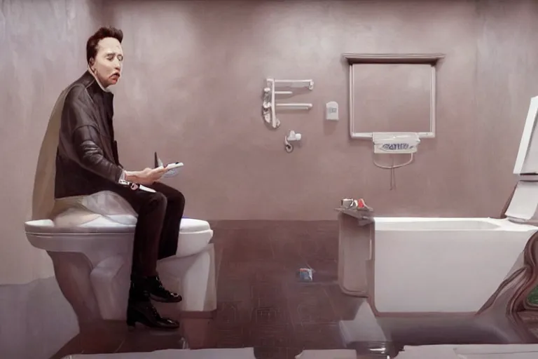 Prompt: hyperrealism aesthetic ridley scott and denis villeneuve style photography of a detailed hyperrealism elon musk, siting on a detailed hyperrealism toilet and scrolling his smartphone in hyperrealism scene from detailed art house movie in style of alejandro jodorowsky and wes anderson