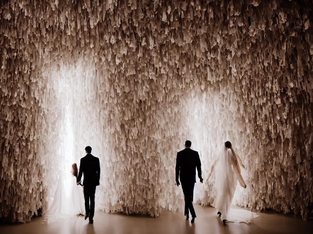 Image similar to a bride and groom walking into a diary paper installation fairytale, romantic hyper detailed cinematic light