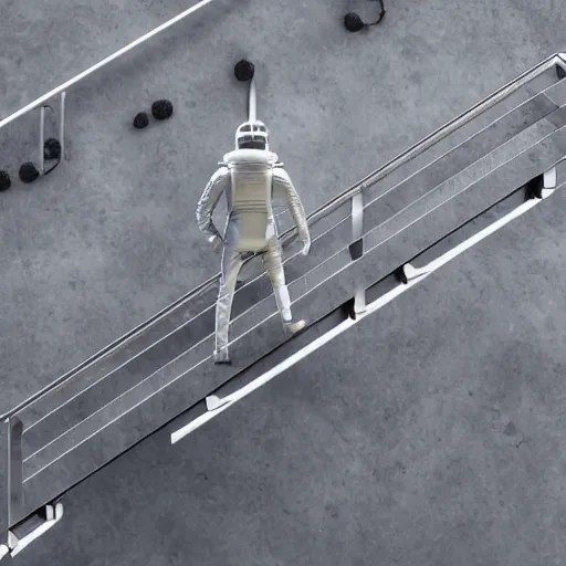 Image similar to mysterious man in silver space suit, walking on an industrial catwalk with stairs that lead nowhere, floating in deep space, black background, 4 k photograph, isometric view