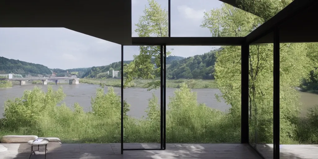 Image similar to a house by the river rhein close to mumpf designed by peter zumthor, beautiful ambient light, silver hour