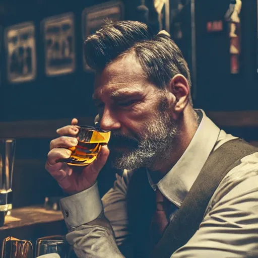 Prompt: photo of a grizzled detective sipping whisky in a smoky bar