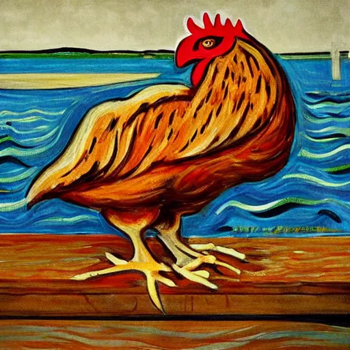 Image similar to painting of a chicken made of chicken wings on a raft, realistic, stylized, artstation, edward munch