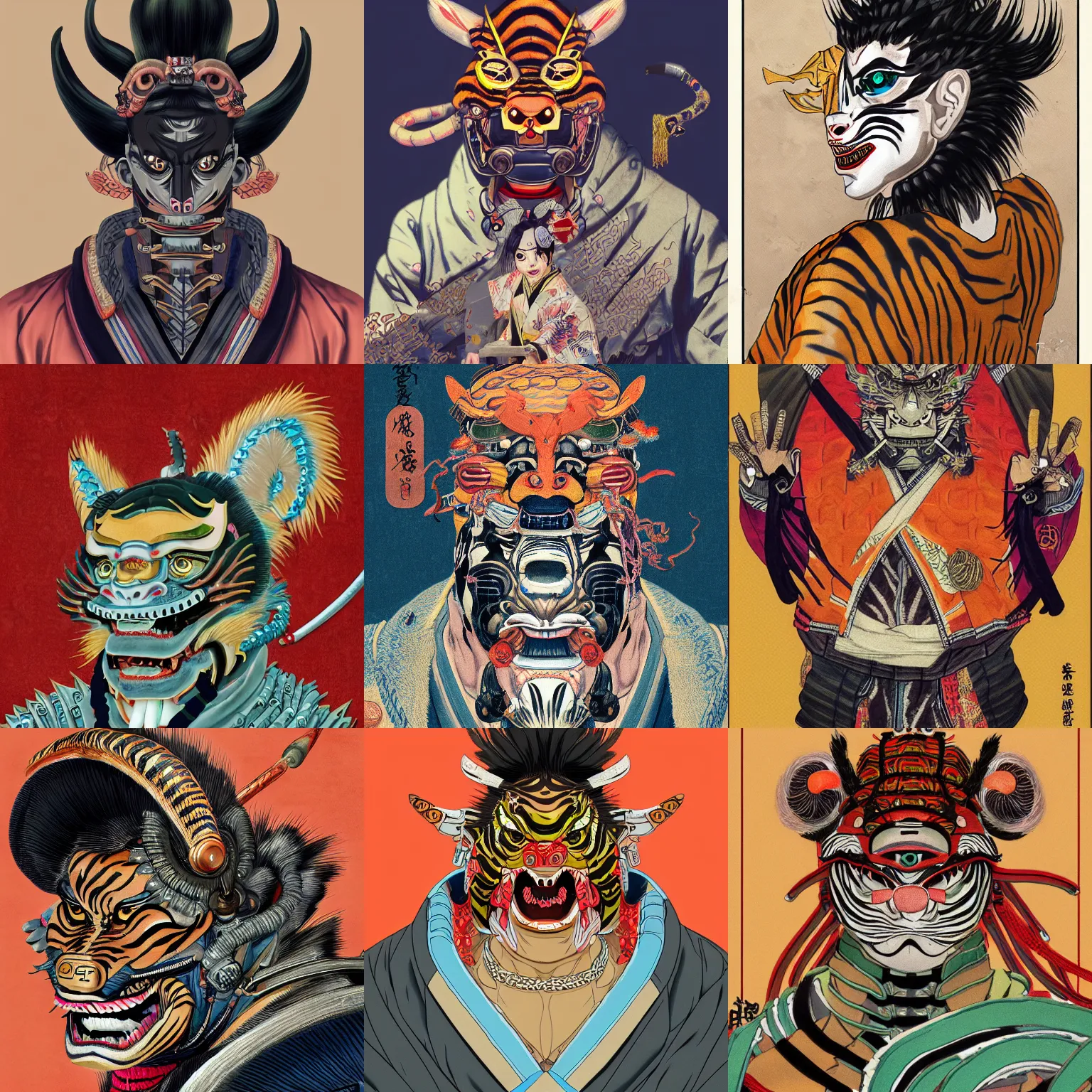 Prompt: a detailed portrait of a fashionable ancient japanese demon tiger wearing a cyberpunk bosozoku outfit the style of william blake and norman rockwell, kubrick, muted color scheme, crisp, artstationhd