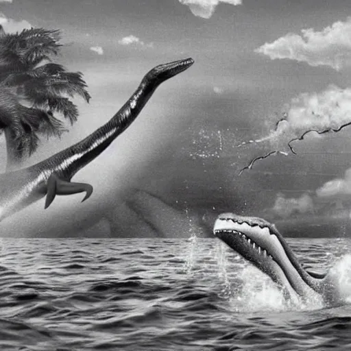 Image similar to terrifying plesiosaur attacking swimmers at the beach. detailed, realistic, photograph.