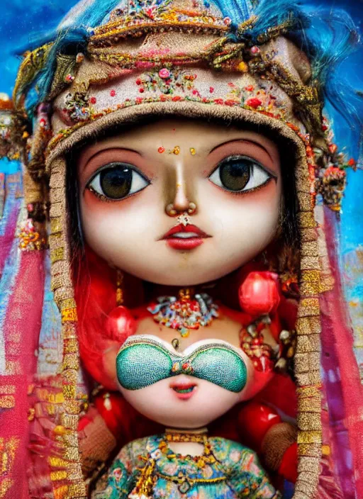 Prompt: closeup portrait of tin toy india sari girl trap, depth of field, zeiss lens, detailed, symmetrical, centered, fashion photoshoot, by nicoletta ceccoli, mark ryden, lostfish, breathtaking, 8 k resolution, extremely detailed, beautiful, establishing shot, artistic, hyperrealistic, octane render