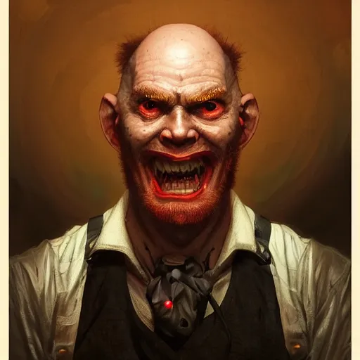 Image similar to portrait of a red bald man with black eyes and a black teeth, horror, glowing eyes, by Stanley Artgerm Lau , greg rutkowski, thomas kindkade, alphonse mucha, loish, norman rockwell. Trending on artstation detailed illustration hd 4k