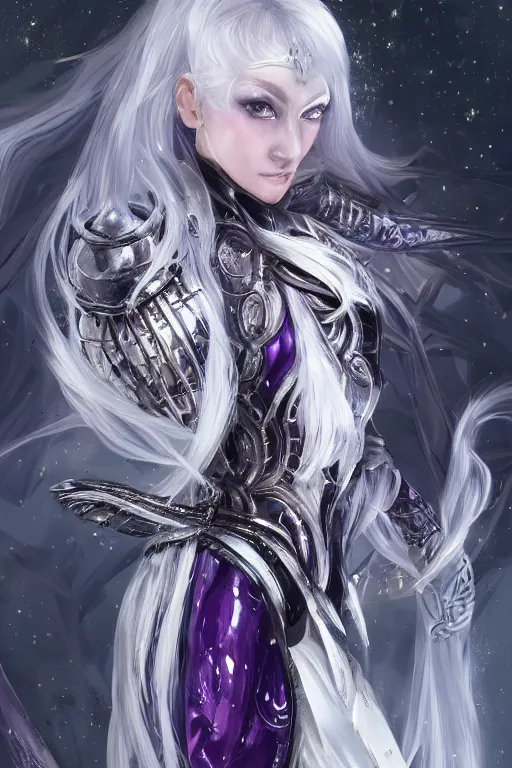 Prompt: portrait evilly white hair knights of Zodiac girl, metalic deep purple and black reflected armor, in ruined Agora of Athens thunder sparkling flash night, ssci-fi and fantasy and intricate and very very beautiful and elegant, highly detailed, digital painting, artstation, concept art, smooth and sharp focus, illustration, art by tian zi and WLOP and alphonse mucha