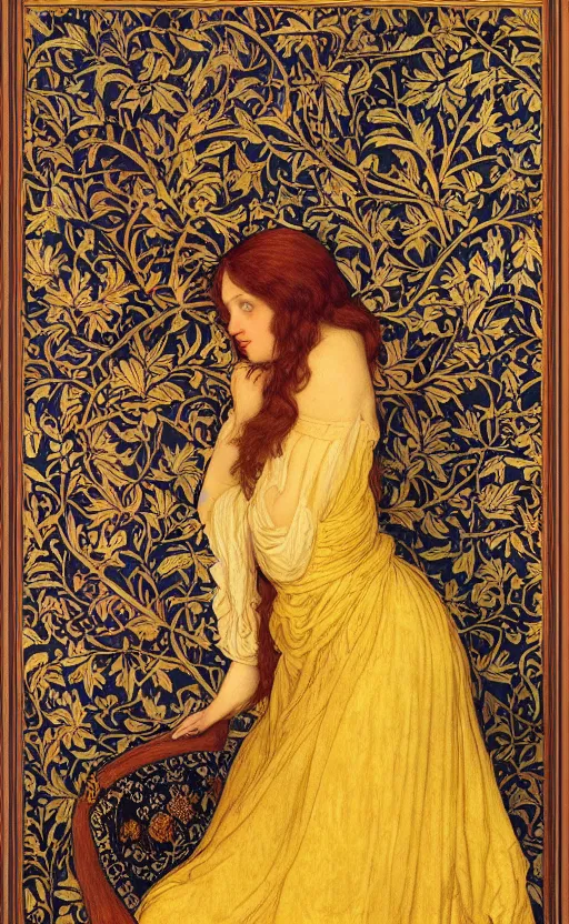 Image similar to full body reclining masterpiece of preraphaelite portrait photography, brown hair fringe, yellow ochre ornate medieval dress, william morris and kilian eng and mucha, framed, 4 k