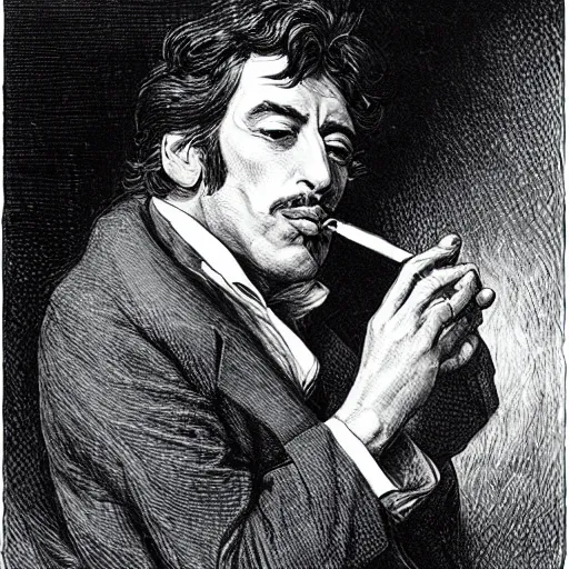 Prompt: Al pacino smoking a cigar, by gustave dore and william blake
