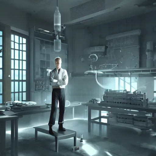 Image similar to muted colors, enlightenment era, 3 d octane render, unreal engine, realistic, and young scientist! standing in his laboratory observing a huge complex experiment!!, detailed, volumetric lighting