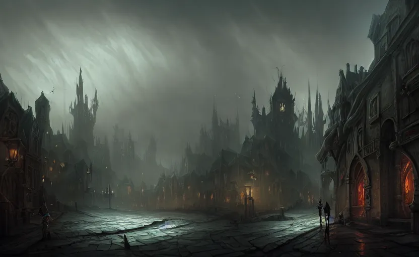 Image similar to extreme long shot concept art depicted old english majestic town, dramatic mood, overcast mood, dark fantasy environment, detailpunk, art inspired by league of legends and arcane, style by paulus decker, jason engle, jordan grimmer, trending on artstation, unreal engine, golden ratio, spectacular composition, realistic architecture