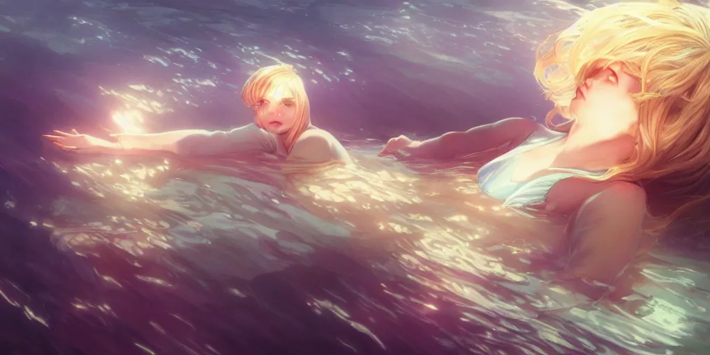 Image similar to blonde anime girl, underwater in the ocean at night, atmospheric, volumetric lighting, glowing lights, 4k, octane, digital painting, artstation, concept art, sharp focus, illustration, art by artgerm and greg rutkowski and alphonse mucha