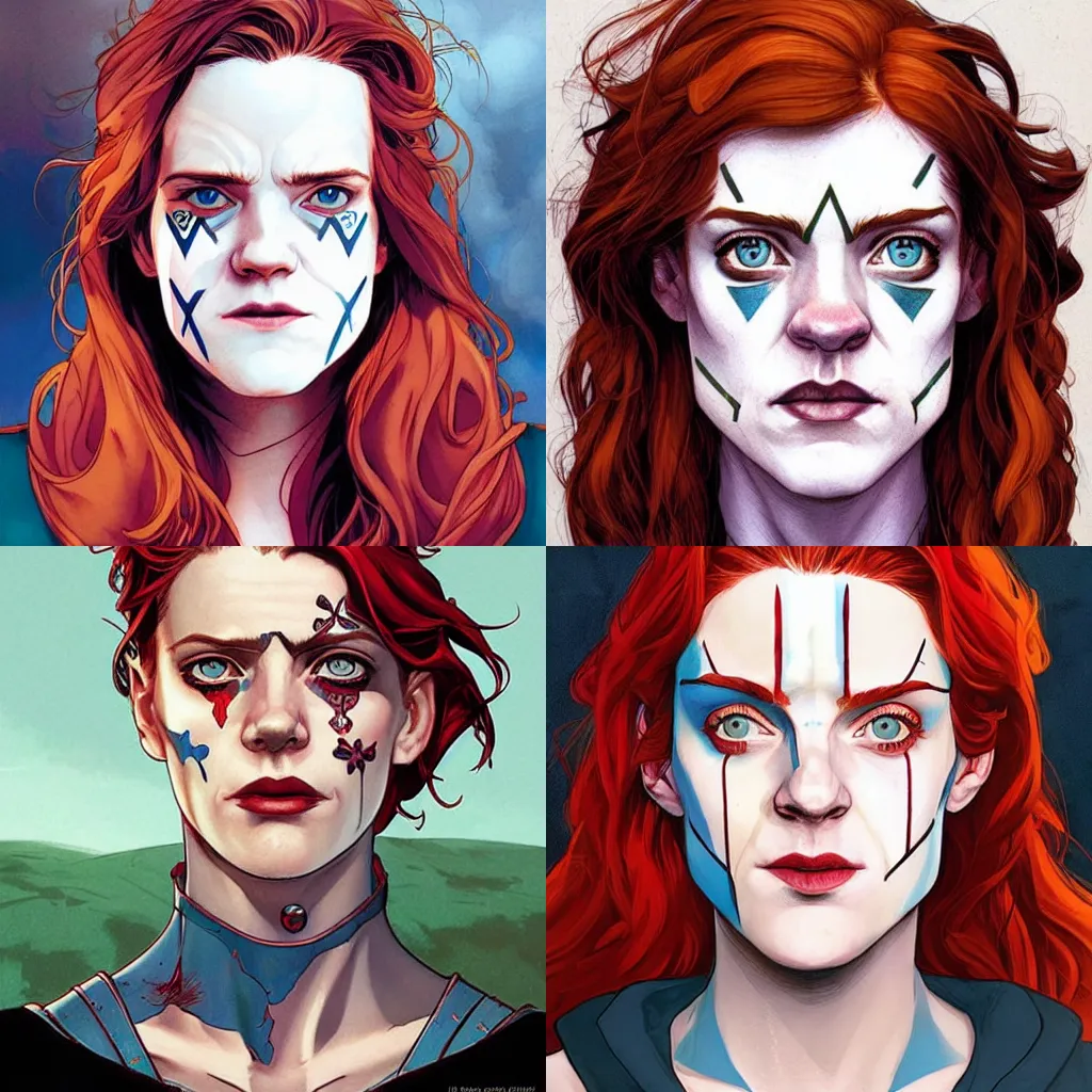 Prompt: Rafeal Albuquerque comic art, Joshua Middleton comic art, pretty female Rose Leslie, Scottish warrior, scots blue facepaint, big smirk, symmetrical face, symmetrical eyes, long red hair, full body, battlefield background:: sunny weather::