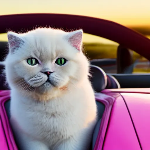 Image similar to a fluffy pink British Shorthair transformed into a fluffy roadster, cool, realistic, 4k, hd, highly detailed, pink sky backgorund