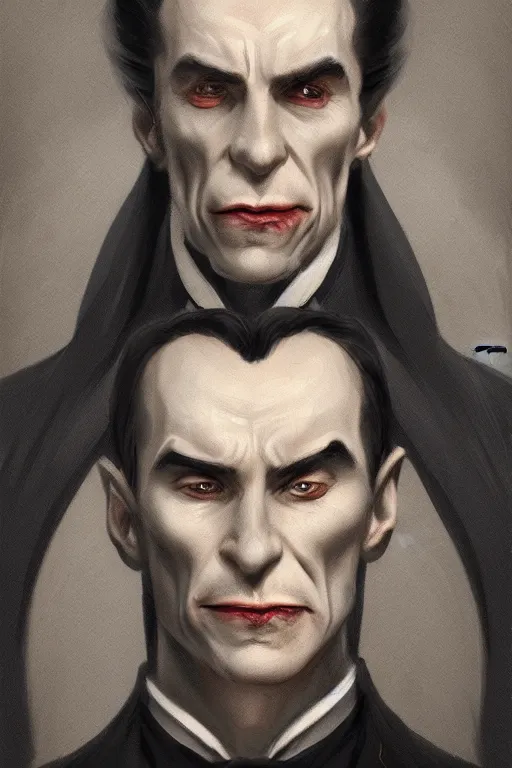 Image similar to portrait, count dracula 🧛‍♂️ , face portrait, raphael lacoste, eddie mendoza, alex ross, concept art, matte painting, highly detailed, rule of thirds, dynamic lighting, cinematic, detailed, denoised, centerd