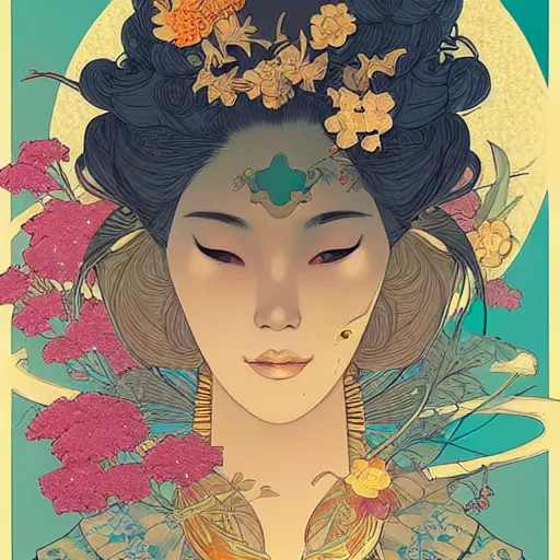 Image similar to asian princess portrait, with a flower kimono, stylized illustration by peter mohrbacher, moebius, mucha, victo ngai, colorful comic style