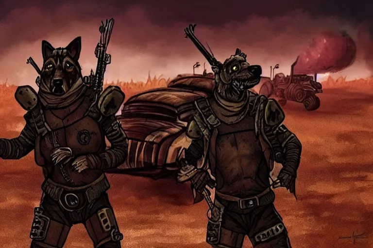 Image similar to a good ol'hound dog fursona ( from the furry fandom ), heavily armed and armored facing down armageddon in a dark and gritty version from the makers of mad max : fury road. witness me.