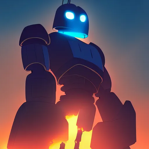 Image similar to Iron Giant at sunset, 4k, trending on artstation, dramatic lighting, highly detailed, cinematic, illustration,