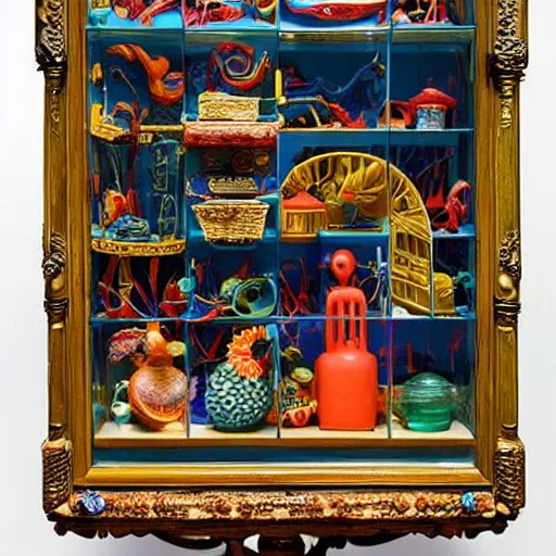 Prompt: a display case containing moulded household objects made of vividly colorful intricately detailed plastic, in the bold vivid surreal sculptural assemblage nostalgic style of Joseph Cornell