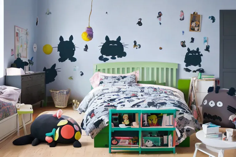 Prompt: IKEA catalogue photo of a children's bedroom with Totoro, Studio Ghibli, Soot sprites, Hayao miyazaki