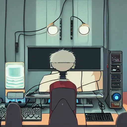 Image similar to a guy connected to his computer with wires and tubes, dystopian, ghibli studio, trending on artstation, hayao miyazaki art,