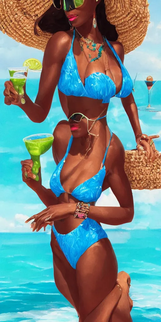 Image similar to a highly detailed beautiful portrait of Black women in the Caribbean wearing aquamarine bikini and shades, full glossy lips, drinking a margarita highly detailed, by RHADS, global illumination, cinematic , hyper-reslistic, depth of field, coherent, high definition, 8k resolution octane renderer, artstation