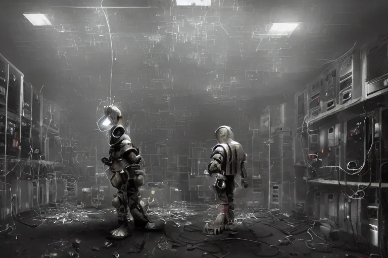 Prompt: blender gloomy colossal ruined server room in datacenter robot figure automata headless drone robot knight welder posing pacing fixing soldering mono sharp focus, emitting diodes, smoke, artillery, sparks, racks, system unit, motherboard, by rutkowski artstation hyperrealism cinematic dramatic painting concept art of detailed character design matte painting
