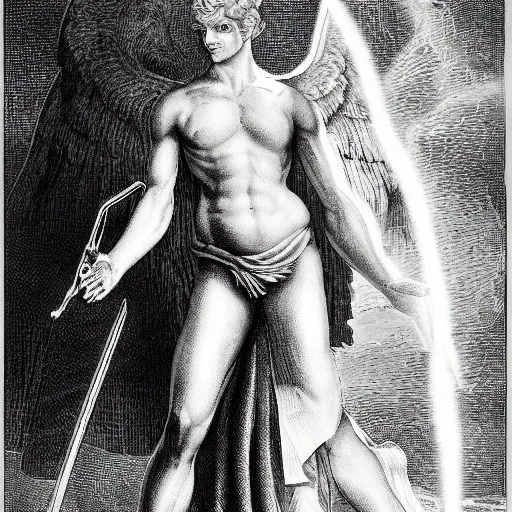 Image similar to A professional studio composition of Lucifer, ruler of Inferno, capital sin of Pride, has extra-light natural blonde hair, has a sophisticated well rounded face, has good bone structure, has bright glowing eyes as LEDs, has a Lean Body and porcelain looking skin, is attractive and good looking, tall, invincible, triumphant stance over the remains of Heaven, poses as an emperor, by Michelangelo and Caravaggio, Alphonse Mucha, Michael Whelan, William Adolphe Bouguereau, John Williams Waterhouse, and Donato Giancola, Dark Fantasy mixed with Socialist Realism, exquisite art, art-gem, dramatic representation, hyper-realistic, atmospheric scene, cinematic, trending on ArtStation, photoshopped, deep depth of field, intricate detail, finely detailed, small details, extra detail, attention to detail, detailed picture, symmetrical, high resolution, 3D model, PBR, path tracing, volumetric lighting, golden hour, oil painting, 8k, 4k, high resolution, unreal engine 5, octane render, arnold render, Studio 4°C, 3-point perspective, polished, complex, stunning, breathtaking, awe-inspiring, award-winning, ground breaking, concept art, nouveau painting masterpiece, IMAX quality