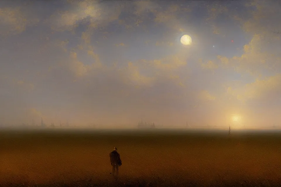 Image similar to sci-fi painting of a large alien city on the vast wheat fields, the closed back view of one humanoid robot on the ground, by Ivan Aivazovsky, godrays, atmospheric, cinematic, detailed