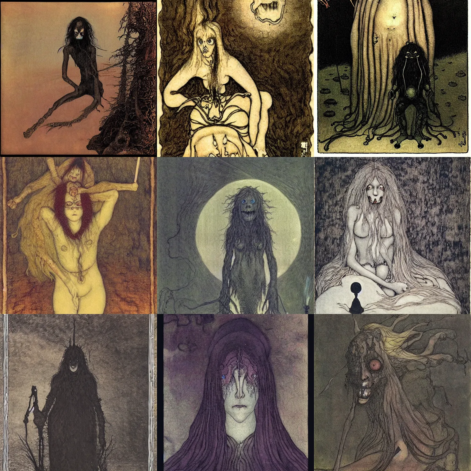 Prompt: sleep paralysis demon by John Bauer, style of Junji Ito