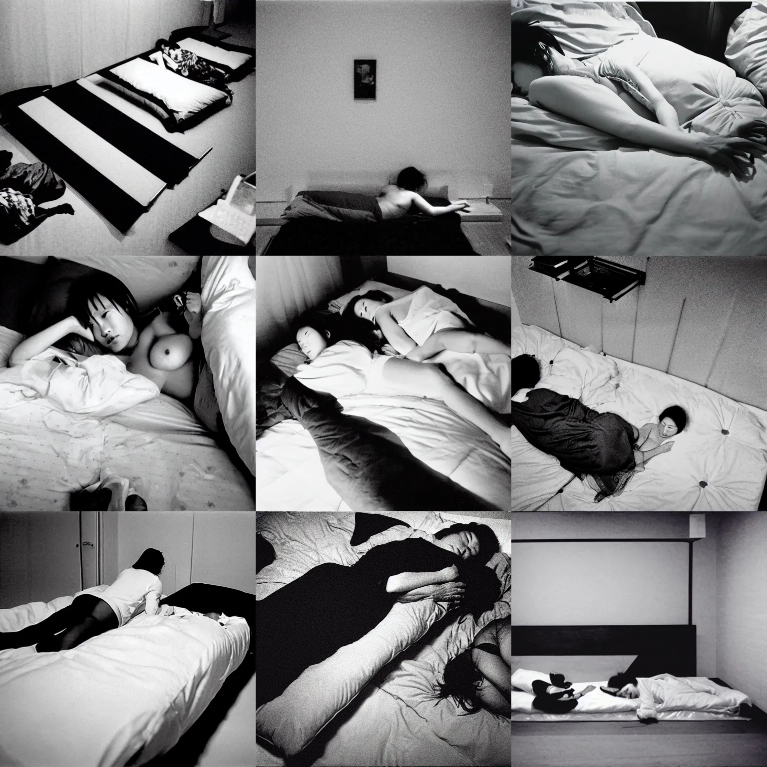 Prompt: a drone flying next to a woman sleeping on an empty bed in a dark room, daido moriyama, nobuyoshi araki