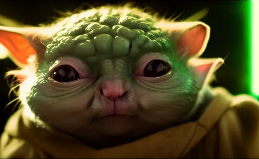 Image similar to hamster yoda, movie still, star wars, cinematic, sharp focus, cinematic grain, cinematic lighting, 8 k